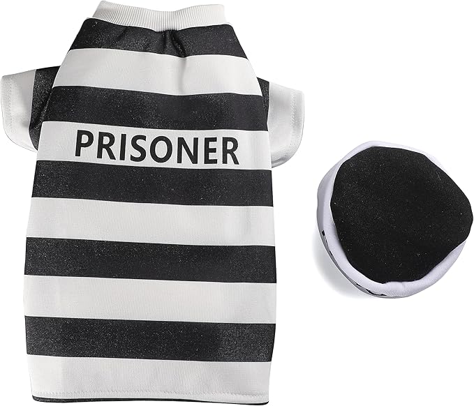 Halloween Fancy Prisoners Dogs Cats Warm Costumes with Hat for Teddy, Pug, Chihuahua, Shih Tzu, Yorkshire Terriers, Papillon D-Black/White L