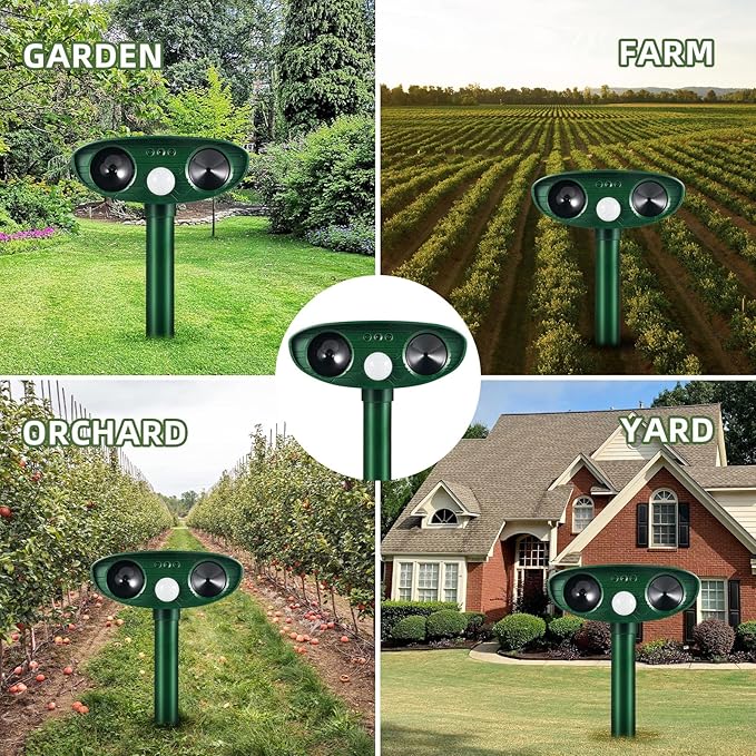 Solar Ultrasonic Animal Repeller Outdoor Deer Repellent Devices Waterproof with Motion Sensor,Effective Against Squirrel,Deer,Dog,Raccoon,Skunk,Rabbit,Coyote Deterrent for Yard Garden Protection,4 Pcs