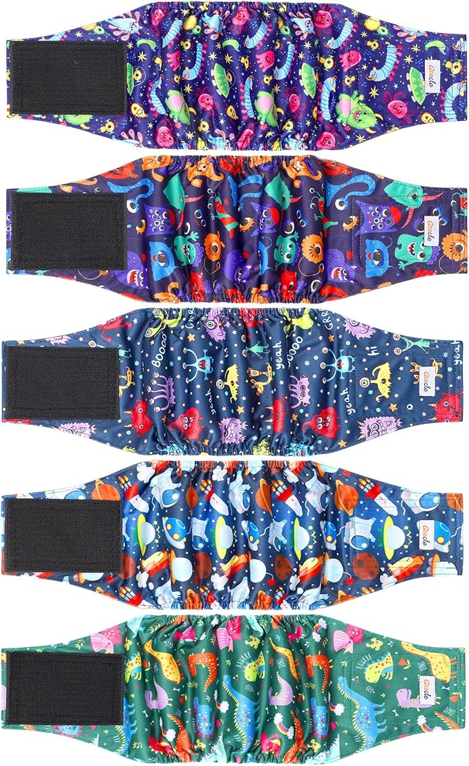 5 Pack Dog Diapers Male Reusable, Premium Belly Bands for Dogs, High Absorbing Male Dog Pee Wraps for Doggie in Incontinence or Excitable Urination and Training Cartoon XL