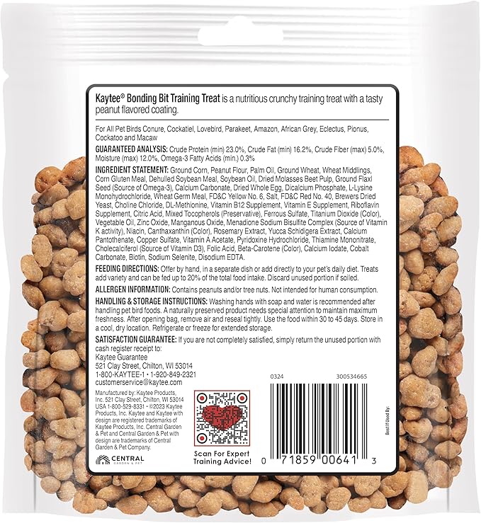Kaytee Pet Bird Bonding Bits Training Treat for Conures, Cockatiels, Lovebirds, Parakeets, Amazons, African Greys, Ecletus, Pionus, Cockatoos and Macaws, 3 oz