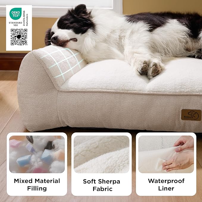 Bedsure SupportMax™ Orthopedic Dog Beds Large Sized Dog - Extra Thick Supportive Large Dogs Bed with Waterproof Washable Cover, L Plus Comfort Pet Sofa with Soft Sherpa and Nonskid Bottom, Beige, 38"