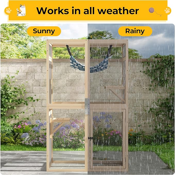 COZIWOW Catio Outdoor Cat Enclosure Window Access, Wooden Cat House Shelter, Kitty Cage with Hammock for Patio Indoor (Wood)