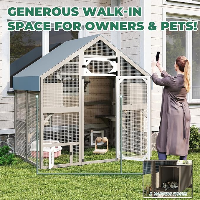 71" H Catio Outdoor Cat Enclosure Weatherproof, Large Walk-in Cat House Attached Window for Multiple Cats, Waterproof Cat Cage Kitty Enclosure Outside with 2 Condos, 6 Platforms