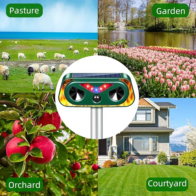 2026 Solar Ultrasonic Animal Repellent Outdoor Cat Squirrel Racoon Fortress Pro with Flashing Lights & Motion Sensor Animal Deterrent Devices for Deer, Rabbit, Fox, Skunk Repellent for Yard Garden