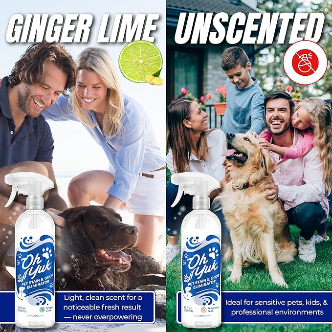 Oh Yuk Probiotics Pet Odor Eliminator and Stain Remover Spray – Dog & Cat Urine and Poop Odor Eliminator for Home, Pet Pee Smell Remover & Deodorizer – 27 fl oz (Unscented)