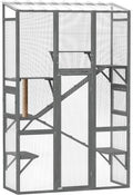 PawHut Outdoor Catio Cat Enclosure, Large Wooden Cat House with 6 Jumping Platforms, Scratching Post, 2 Ramps, Waterproof Roof, Cat Cage Window Access for 2-3 Kittens, 99" H, Gray