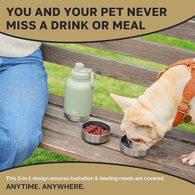 32oz 3-in-1 Portable Travel Water Bottle, Food & Hydration Bottle - Dual Use for Humans & Pets with Detachable Bowls, Stainless Steel, Keeps Water Hot for 6hrs & Cold for 12hrs