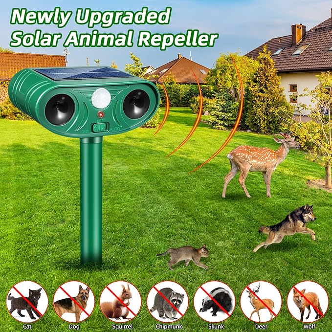 2026 Upgraded Solar Ultrasonic Animal Repellent Deer Repellent Devices Cat Deterrent Outdoor with Motion Sensor Animal Dog Deterrent Keep Raccoon Squirrel Rabbit Away from Yard Lawn Garden 4 Pack