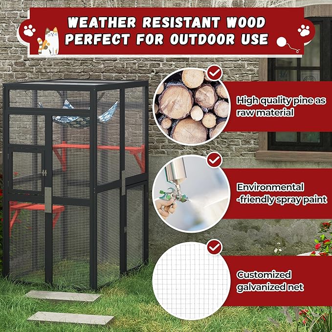Catio Outdoor Cat Enclosure - Premium Wooden Cat Catio with Window Access & Breathable Mesh, Weatherproof Kitty House for Patio/Backyard/Indoor (Black)