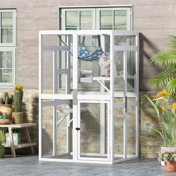 COZIWOW Upgraded Catio Outdoor Cat Enclosure Window Access, Wooden Cat House Shelter, Kitty Cage with Platforms & Hammock Patio Indoor (White)