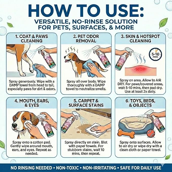 No-Rinse Dog Paw Cleaner & Pet Cleaning Spray for Dogs & Cats – Cleans Coat, Eyes & Ears, Hot Spot – Daily Cleaner for Pet Messes, Stains & Pet Odor Remover – No Harmful Chemicals (16 fl oz)