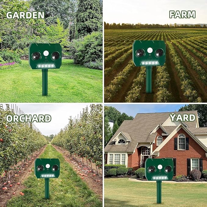 2025 Racoon Squirrel Sonic Fortress Pro Rabbit Repellent Outdoor, Solar Ultrasonic Animal Repeller Deer Deterrent with Motion Sensor&Flash Light to Scare Cat Dog Skunk Out of Garden Farm Yard(4Pack)