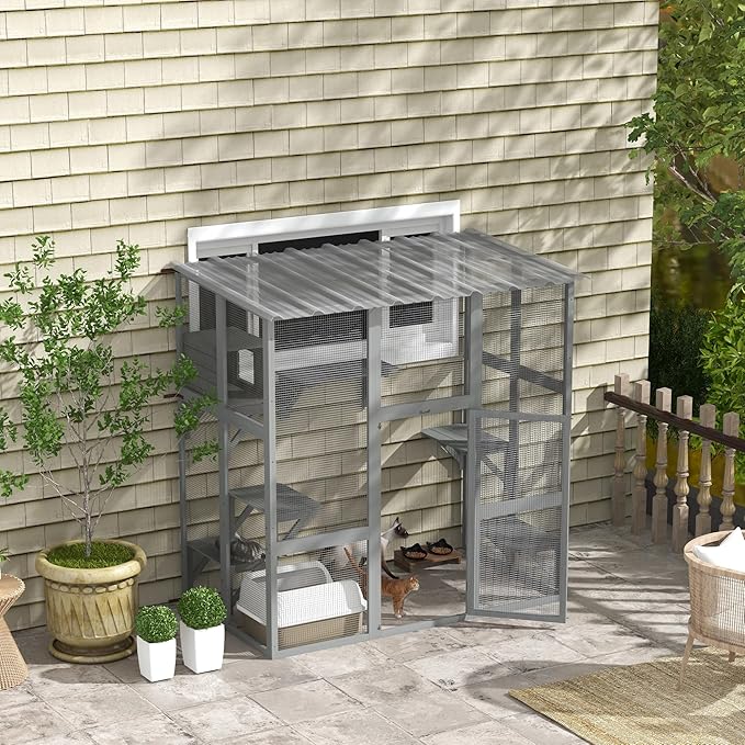 PawHut Catio Outdoor Cat Enclosure Window Box, Wooden Cat House Playground with Scratching Posts, Weather Protection Roof for 1-2 Kitties, Resting Boxes, 68" x 35.5" x 70.5", Gray