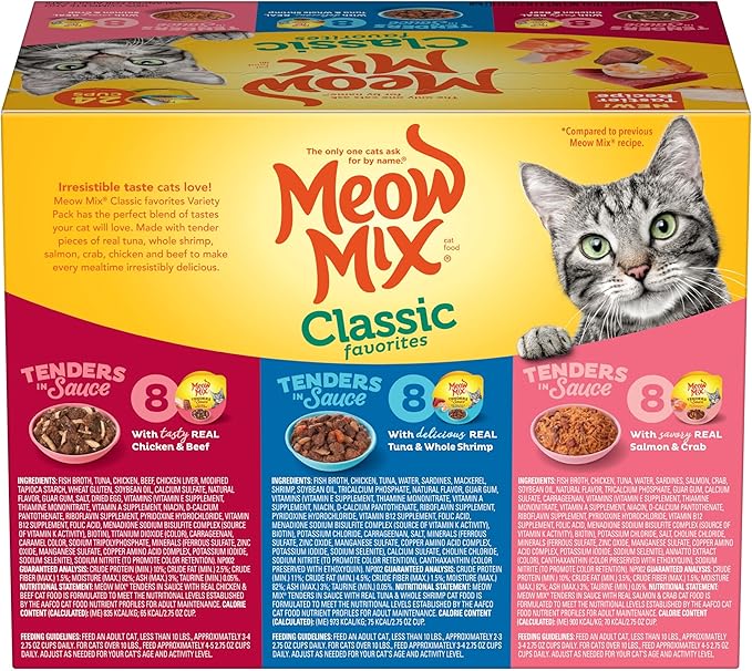 Meow Mix Tenders in Sauce Classic Favorites Wet Cat Food Variety Pack,2.75 Ounce Cup,(Pack of 96)