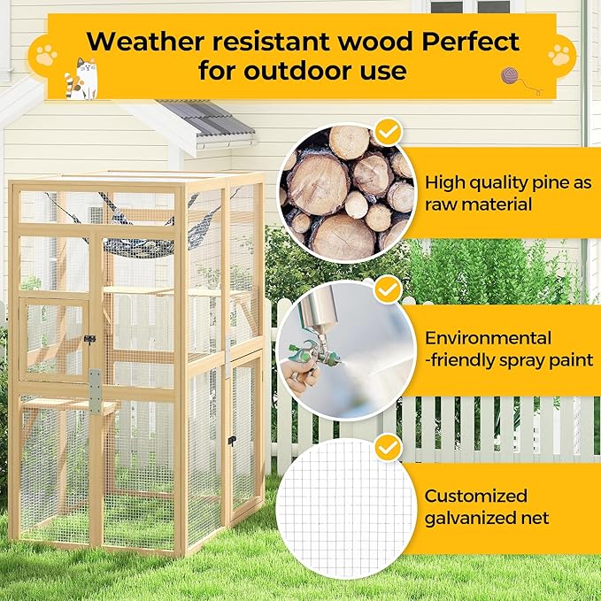 COZIWOW Catio Outdoor Cat Enclosure Window Access, Wooden Cat House Shelter, Kitty Cage with Hammock for Patio Indoor (Wood)