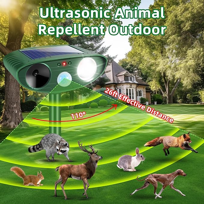 2026 Upgraded Cat Repellent Outdoor Ultrasonic with Strobe Light, Deer Squirrel Skunk Repellent for Yard,Motion Activated Animal Deterrent Devices- Keep Dogs Raccoons Rabbits Away from Garden Farm