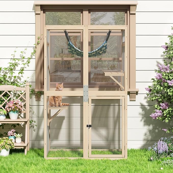 COZIWOW Catio Outdoor Cat Enclosure Window Access, Wooden Cat House Shelter, Kitty Cage with Hammock for Patio Indoor (Wood)