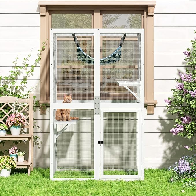 COZIWOW Upgraded Outdoor Cat Catio with Window Access & Jumping Platforms, Weatherproof Wooden Cat Enclosure for Patio/Garden/Backyard (White, 2 Platforms + Hammock, Supports 44lbs)