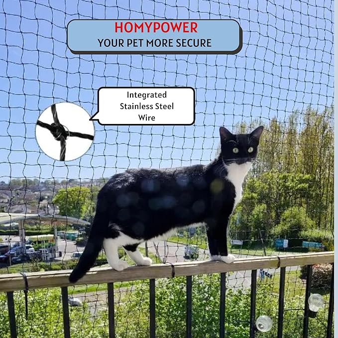 Cat Netting Balcony,10x26 ft Stainless Steel Reinforced Bite Tear UV and Weather-Resistant Anti-Fall Netting for Pets, Safety Net for Cat, Small Catio for Apartment Balcony Protection