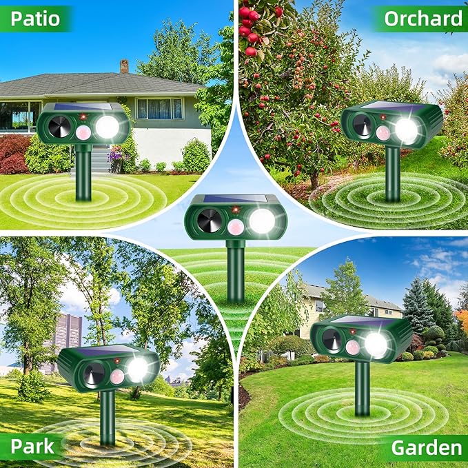 Upgraded Solar Ultrasonic Animal Repellent Outdoor Deer Repellent Cat Deterrent with Motion Sensor Flash Light for Possum Skunk Rodent Squirrel Raccoon IP65 Waterproof Repeller for Yard Garden,4 Pack