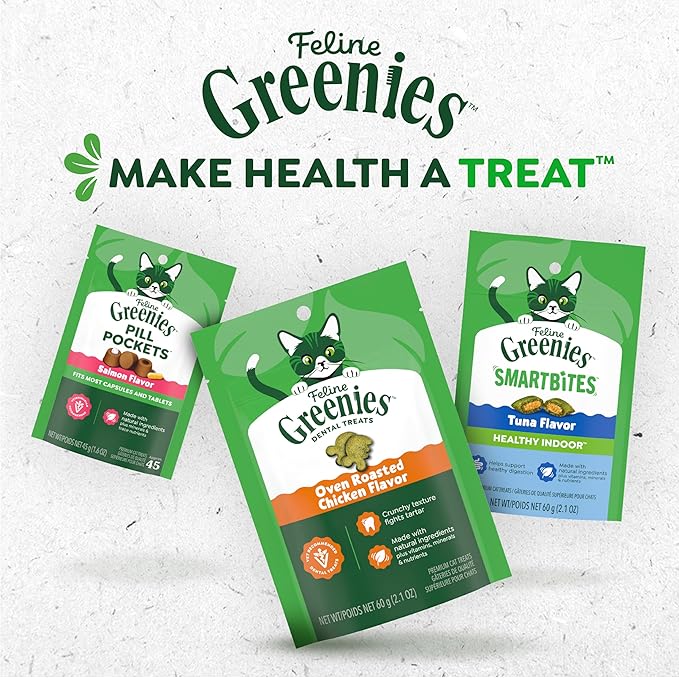 Greenies Cat Treats, Feline Smartbites, Skin & Fur Health, Crunchy and Soft Cat Treats, Chicken Flavor, 16 oz. Tub