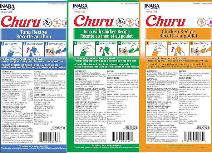 Churu Lickable Creamy Purée Cat Treats 3 Flavor Tuna and Chicken Variety Pack, 4 Count Pack of 18 (72 Tubes Total)
