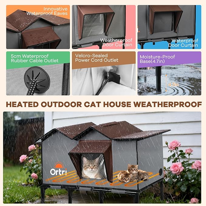 Outdoor Heated Cat House for Outside: Winter Insulated Weatherproof 20"×14.3"×20.5" Shelter with Heating Pad for Feral Kitty Foldable Out Door Elevated Warm Pet Bed with Extra Large Warming Cathouse
