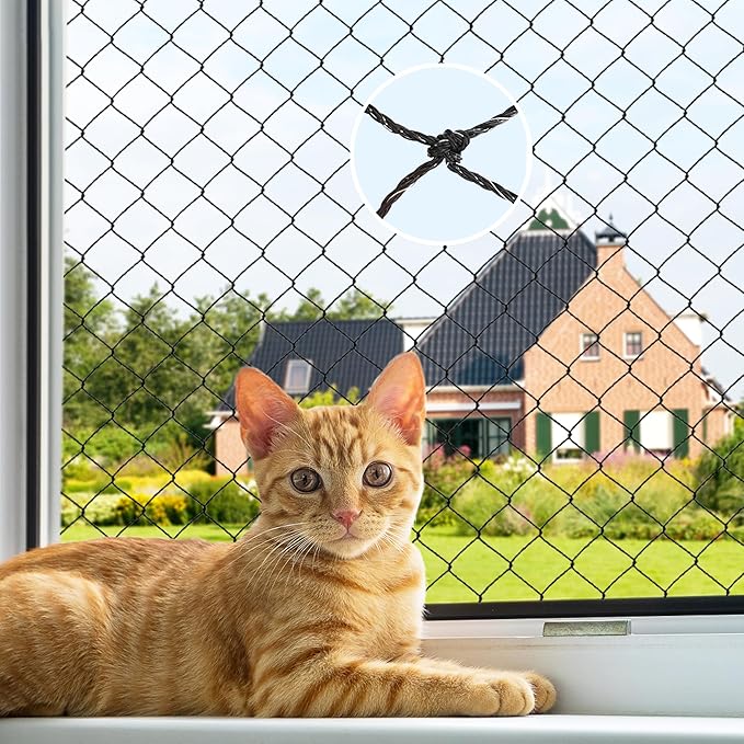 Cat Netting, Balcony Netting for Pets,Steel Wire Reinforced Balcony Screen for Pets, Anti-Fall Cat Net for Balcony and Windows,Stair, Patio（Black,10 * 26ft）
