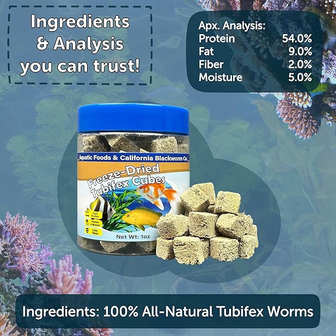 Aquatic Foods Inc. Tubifex Worms, Freeze Dried Tubifex Worm Cubes for Cichlids, Discus, Goldfish, Bettas, Marine Fish, All Tropical Fish, 12-Type Pellet Mix, 4-Type Wafer Mix Included..3.45oz Canister