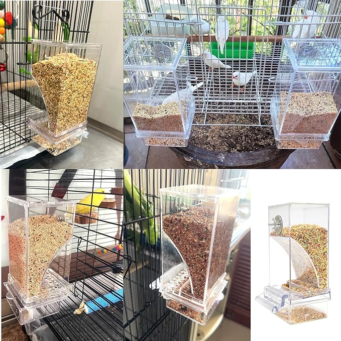 2Pcs Automatic Bird Feeder for Cage No Mess Parakeet Feeder Seed Food Container Feeding Station Cage Accessories for Small Birds Parrot Cockatiel Canary Lovebirds