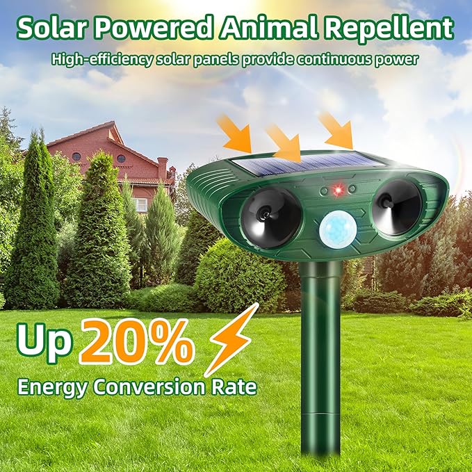 Upgraded Solar Ultrasonic Animal Repellent Outdoor Motion Activated Cat Deer Repellent for Yard Garden, 2 Pack Raccoon Opossum Dog Deterrent Effective Sqiuirrel Rabbit Skunk Repeller