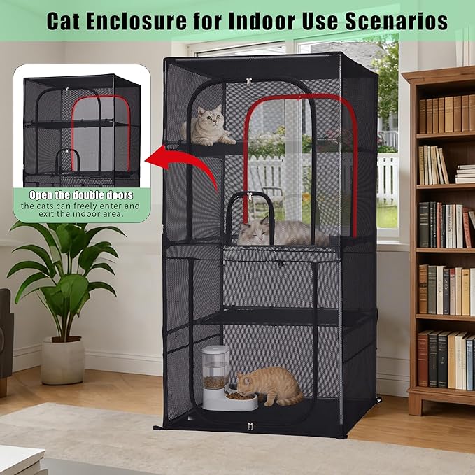 Catio Outdoor Cat Enclosure,4 Tiers Window Catio,Upgraded Mesh Cat Enclosure Sturdy and Durable with Multiple Doors Easy to Clean(31.4“L× 31.4”W ×63" H)