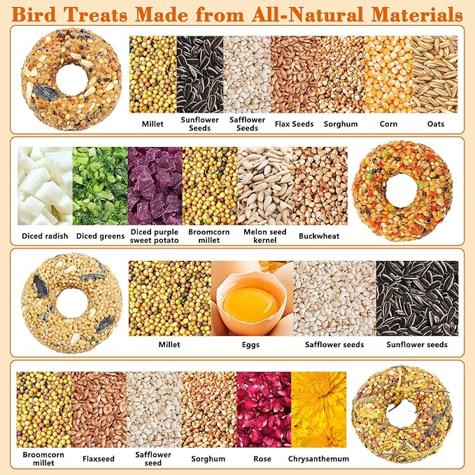 Fhiny Parakeet Treats, 8 PCS Donut Shaped Natural Grain Cockatiel Food with Fruits Vegetables Flowers and Herbs for Parrot Conure Lovebird Training Rewards and Beak Grinding