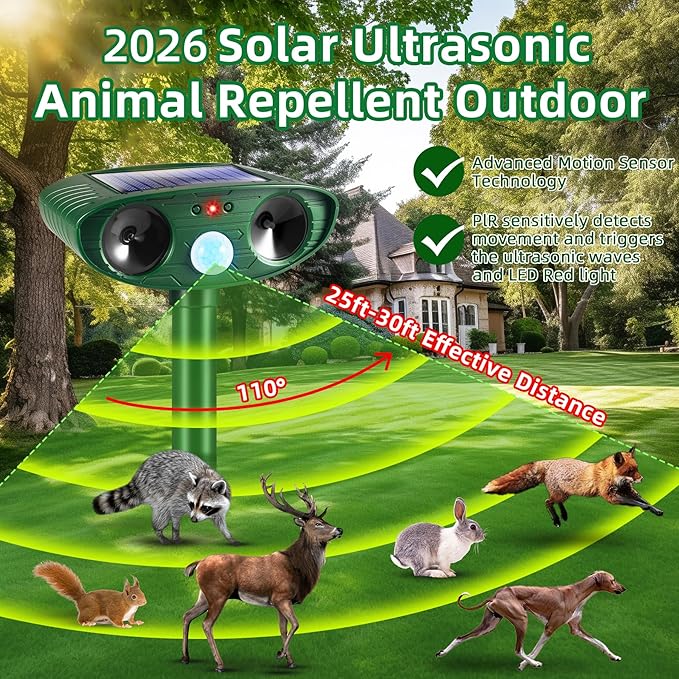 2026 Upgraded Solar Ultrasonic Animal Repellent Outdoor Deer Repellent Devices Cat Deterrent Motion Sensor IP65 Waterproof Repeller Keep Possum Skunk Rodent Squirrel Raccoon Out of Yard Farm,4 Pack