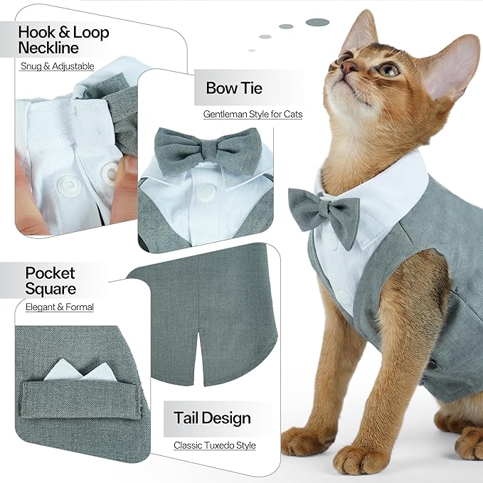 PUMYPOREITY Cat Tuxedo Suit Formal Wear with Bow Tie, Soft Skin-Friendly Cat Costumes for Cats Only, Elegant Outfit for Male Female Cats, Perfect for Wedding Birthday Photo Shoots, S, Grey