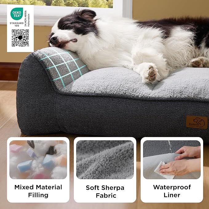 Bedsure SupportMax XL Pro Orthopedic Dog Beds Large Sized Dog - Extra Thick Supportive Dogs Couch with Waterproof Washable Cover, Extra Large Comfort Pet Sofa with Sherpa & Nonskid Bottom, Grey, 45"