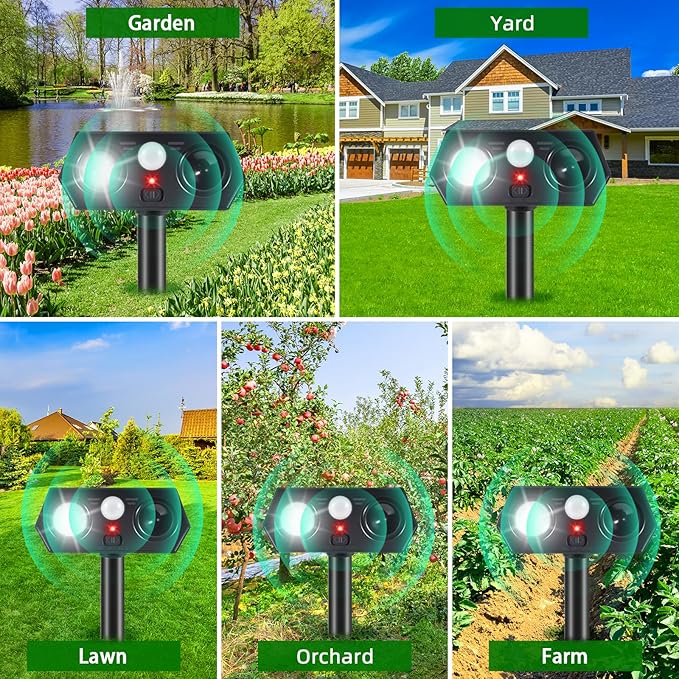 2025 Solar Ultrasonic Animal Repellent Sonic Fortress Pro Deer Repellent Rabbit Repeller Raccoon Squirrel Deterrent with Flash Light Motion Sensor to Keep Cat Dog Fox Skunk Out of Garden Yard(4Pack)