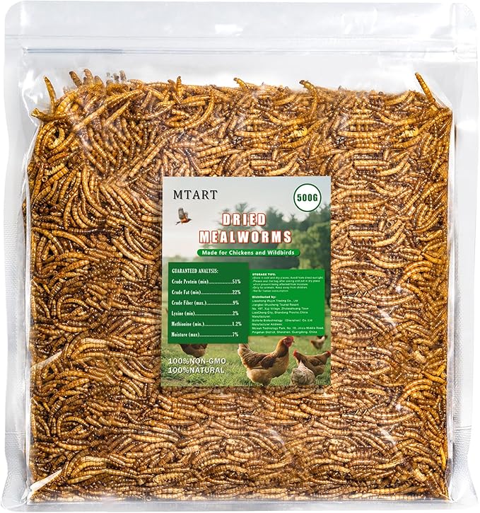 500g Dried Mealworms Treat for Chicken, 100% Natural Non-GMO High Protein Organic Chicken Feed for Birds, Ducks, Layer Hens