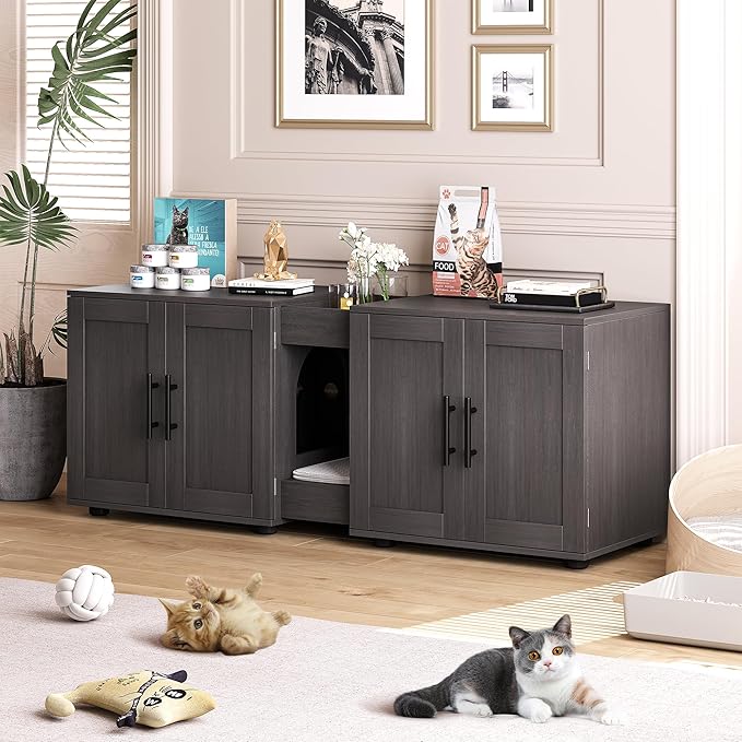 Garvee Cat Litter Box Enclosure for 2 Cats, 55" Hiddden Litter Box Enclosure Furniture 3-in-1 Wooden Litter Cabinet with Barn Door & Double Rooms for Bedroom Living Room,Walnut