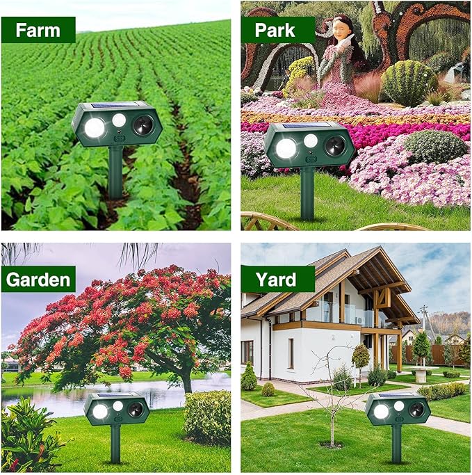 2025 Solar Ultrasonic Racoon Fortress Pro, Deer Cat Repellent Devices Animal Repeller Squirrel Rabbit Deterrent Outdoor with Motion Sensor&Flash Light to Scare Dog Skunk Out of Garden Farm Yard(4Pack)