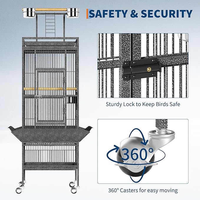 61" Large Bird Cage, Metal Parrot Cage with Play Top, Rolling Stand & Bowls - Bird Aviary for Macaws, Cockatoos, Conures, Black