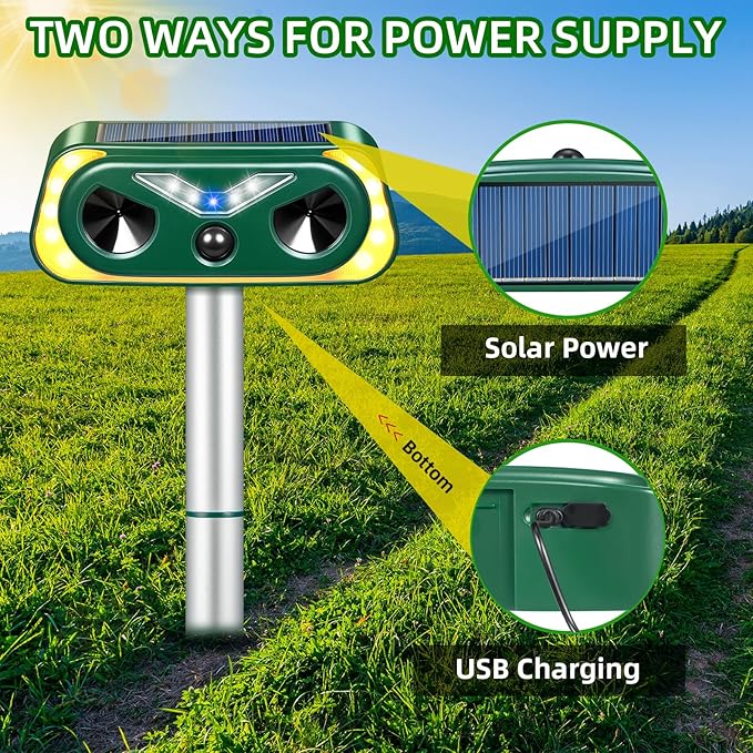 2026 Solar Ultrasonic Animal Repellent Outdoor Cat Squirrel Racoon Fortress Pro with Flashing Lights & Motion Sensor Animal Deterrent Devices for Deer, Rabbit, Fox, Skunk Repellent for Yard Garden