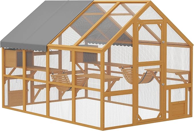 PawHut 110" L Large Catio Outdoor Cat Enclosure for Multiple Kittens, 56 sq.ft Wooden Cat House with Waterproof Cover, Walk in Kitty Cage Kennel with 2 Condos, 6 Platforms, Bridge, Doors, Yellow