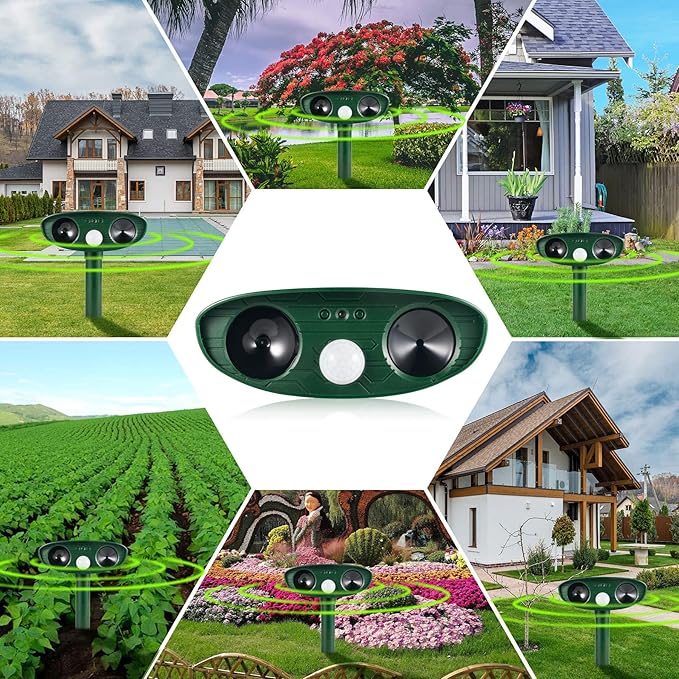 2026 Upgraded Solar Ultrasonic Animal Repellent Outdoor Deer Repellent Devices Motion Detection for Squirrel Raccoon Rabbit Dog Cat Deterrent Keep Rodent Chipmunk Away from Yard Lawn,4Pack