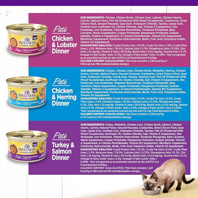 Wellness Complete Health Pate Adult Wet Cat Food, Natural, Protein-Rich, Grain-Free, 3 Ounce, 12 Pack, (Seafood Variety Pack)