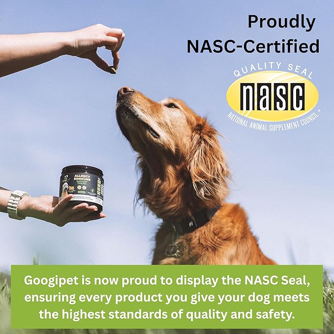 Googipet Dog Allergy Chews, Seasonal Dog Allergy Relief & Itchy Skin Relief, Skin & Coat Supplement Colostrum, Coconut Oil, Omega 3 Fish Oil, & Bee Pollen for Dogs Itch Relief (Peanut Butter Flavor)