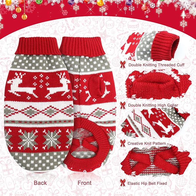 HYLYUN Cat Christmas Sweater 2 Packs - Puppy Christmas Sweater Pet Reindeer Snowflake Sweaters for Kittys and Small Dogs XS