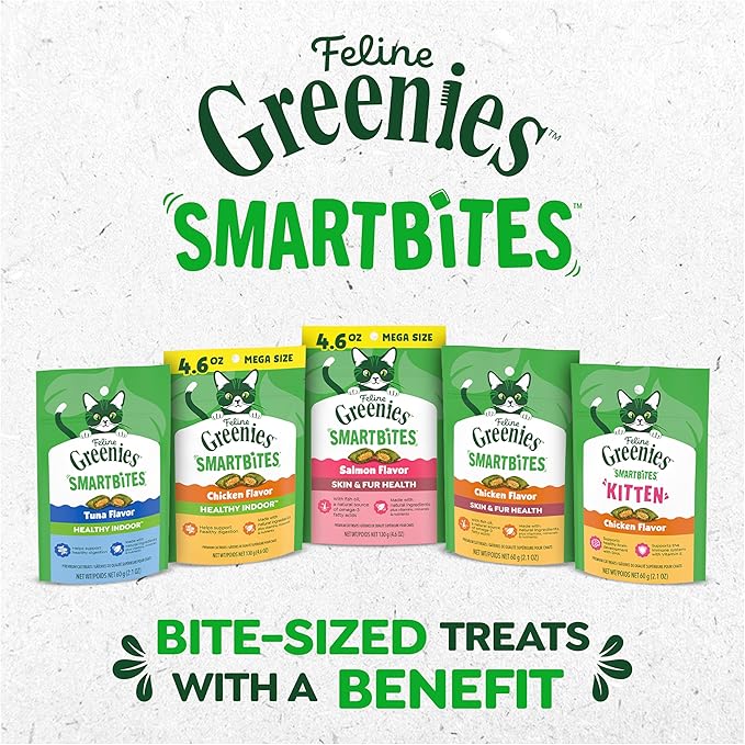 Greenies Cat Treats, Feline Smartbites, Skin & Fur Health, Crunchy and Soft Cat Treats, Chicken Flavor, 16 oz. Tub
