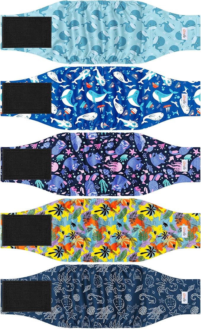 5 Pack Dog Diapers Male Reusable, Premium Belly Bands for Male Dogs, High Absorbing Dog Pee Wraps for Doggie in Incontinence or Excitable Urination and Training Hawaii S