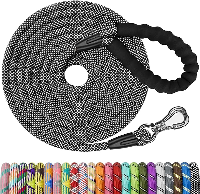 NTR Heavy Duty Dog Leash, Black 30FT Reflective Dog Leashes with Swivel Lockable Hook and Comfortable Padded Handle, Puppy Leash for Walking, Hunting, Camping, Backyard for Small Medium and Large Dogs